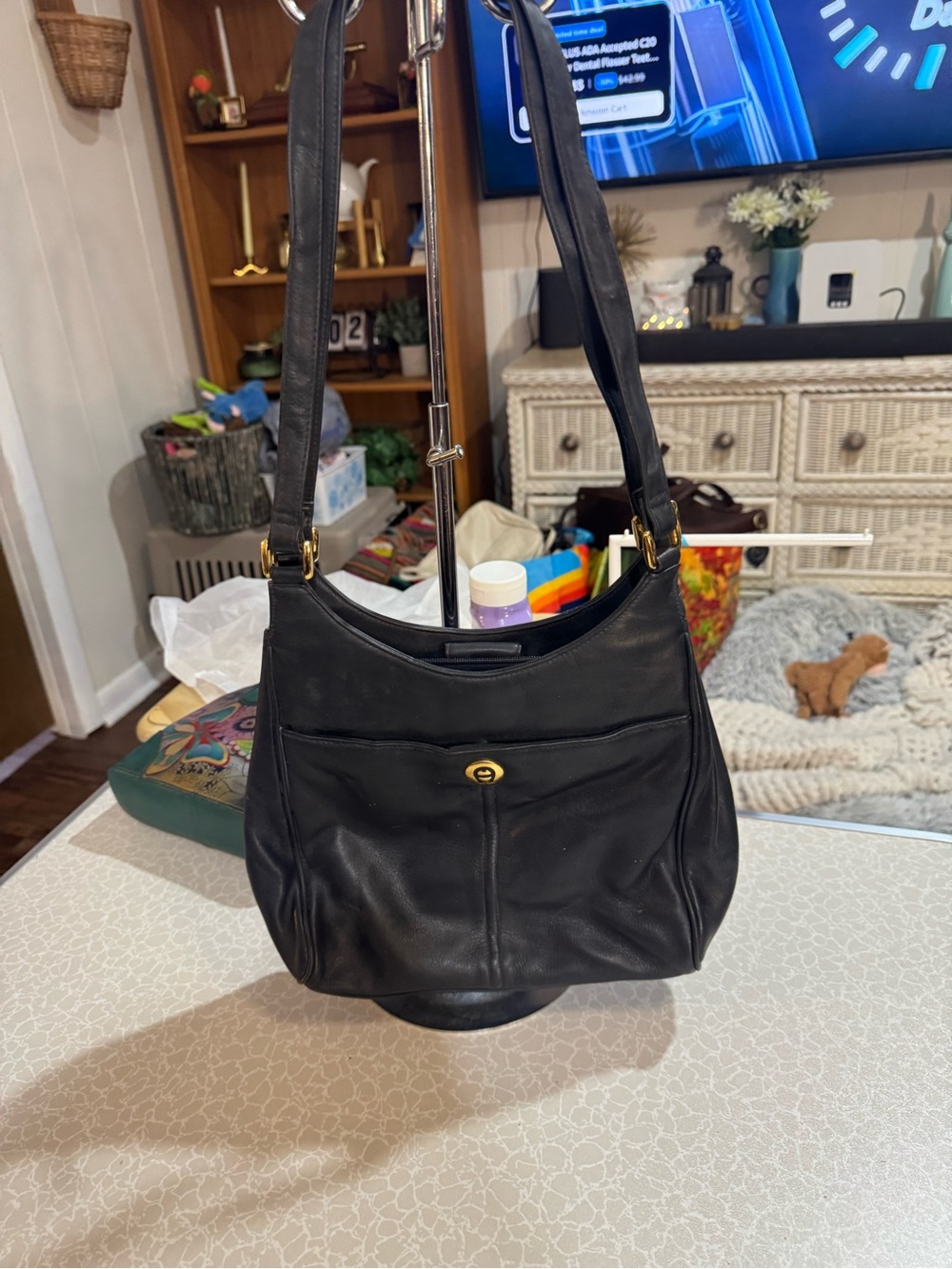 Etienne Aigner Black Shoulder Bag with Gold-Tone Turn Lock